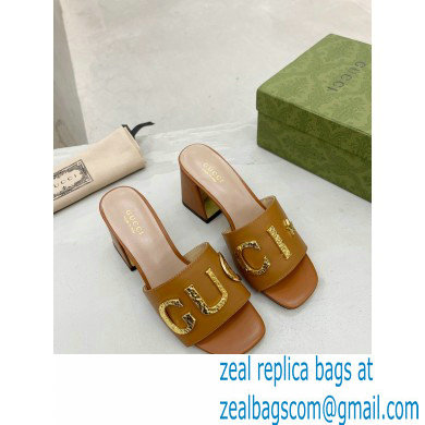 Gucci Heel 7.5cm logo with star leather slides Sandals Brown 2022 - Click Image to Close