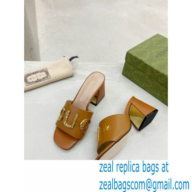 Gucci Heel 7.5cm logo with star leather slides Sandals Brown 2022 - Click Image to Close