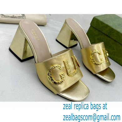 Gucci Heel 7.5cm logo with star leather slides Sandals Gold 2022