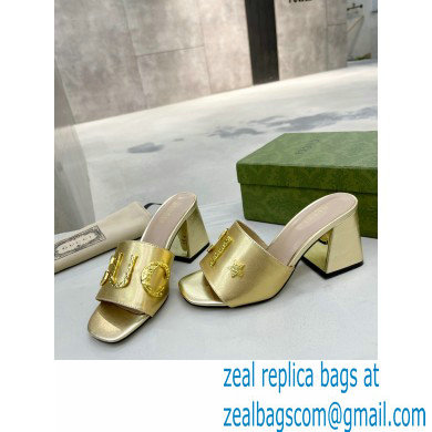 Gucci Heel 7.5cm logo with star leather slides Sandals Gold 2022 - Click Image to Close