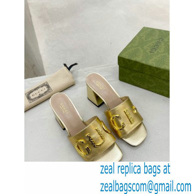 Gucci Heel 7.5cm logo with star leather slides Sandals Gold 2022 - Click Image to Close