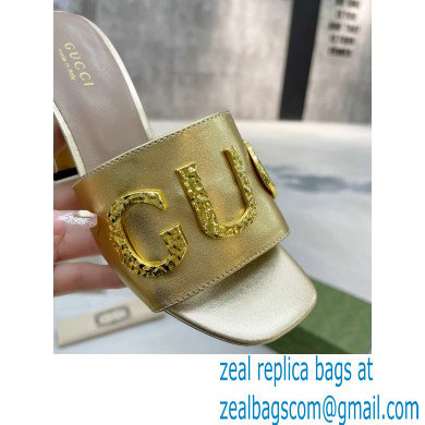 Gucci Heel 7.5cm logo with star leather slides Sandals Gold 2022 - Click Image to Close