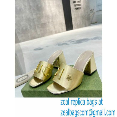 Gucci Heel 7.5cm logo with star leather slides Sandals Gold 2022