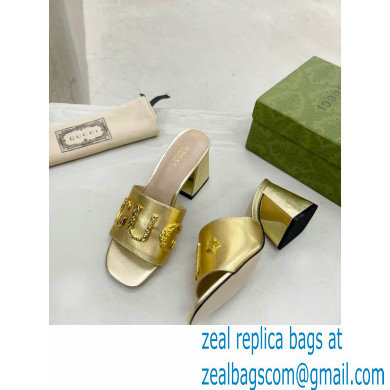 Gucci Heel 7.5cm logo with star leather slides Sandals Gold 2022