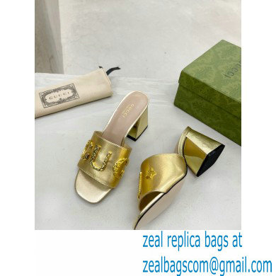 Gucci Heel 7.5cm logo with star leather slides Sandals Gold 2022 - Click Image to Close