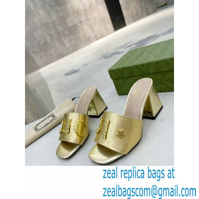 Gucci Heel 7.5cm logo with star leather slides Sandals Gold 2022