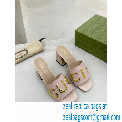 Gucci Heel 7.5cm logo with star leather slides Sandals Light Pink 2022 - Click Image to Close