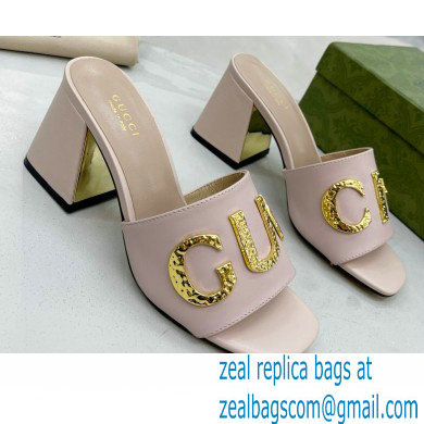 Gucci Heel 7.5cm logo with star leather slides Sandals Light Pink 2022 - Click Image to Close