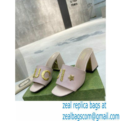 Gucci Heel 7.5cm logo with star leather slides Sandals Light Pink 2022 - Click Image to Close