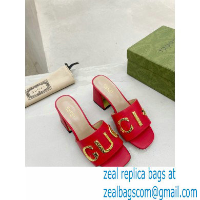 Gucci Heel 7.5cm logo with star leather slides Sandals Red 2022 - Click Image to Close