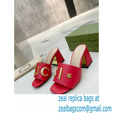 Gucci Heel 7.5cm logo with star leather slides Sandals Red 2022