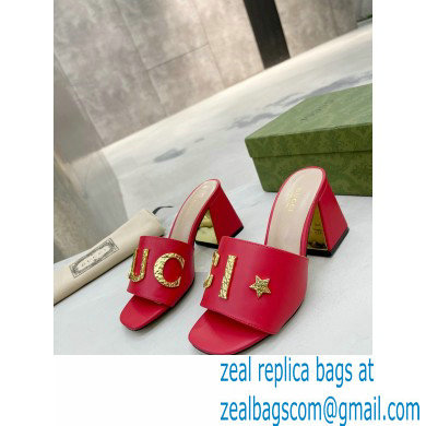 Gucci Heel 7.5cm logo with star leather slides Sandals Red 2022 - Click Image to Close