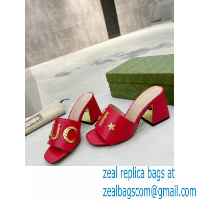 Gucci Heel 7.5cm logo with star leather slides Sandals Red 2022