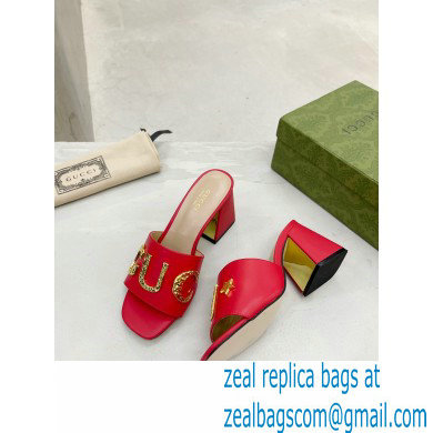 Gucci Heel 7.5cm logo with star leather slides Sandals Red 2022 - Click Image to Close
