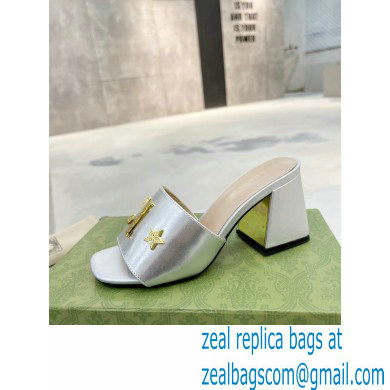 Gucci Heel 7.5cm logo with star leather slides Sandals Silver 2022 - Click Image to Close