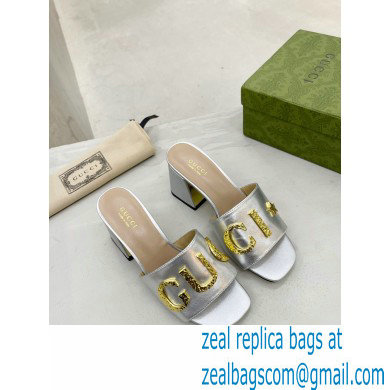 Gucci Heel 7.5cm logo with star leather slides Sandals Silver 2022 - Click Image to Close