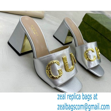 Gucci Heel 7.5cm logo with star leather slides Sandals Silver 2022 - Click Image to Close