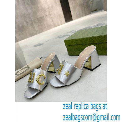 Gucci Heel 7.5cm logo with star leather slides Sandals Silver 2022 - Click Image to Close