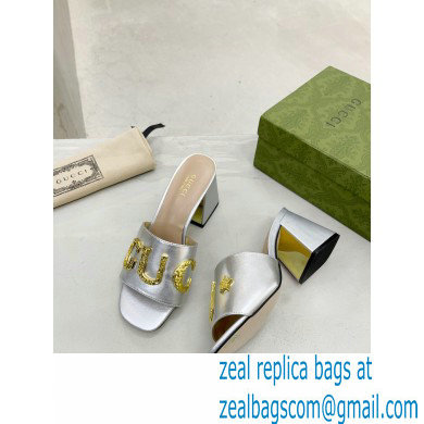 Gucci Heel 7.5cm logo with star leather slides Sandals Silver 2022 - Click Image to Close