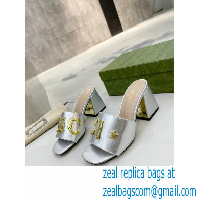 Gucci Heel 7.5cm logo with star leather slides Sandals Silver 2022 - Click Image to Close