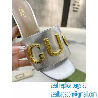 Gucci Heel 7.5cm logo with star leather slides Sandals Silver 2022 - Click Image to Close