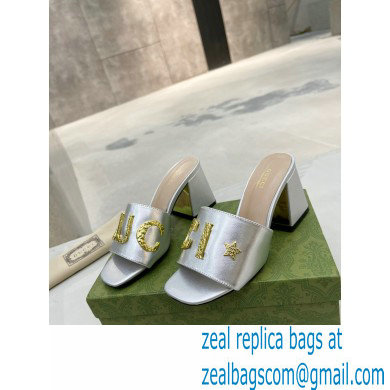 Gucci Heel 7.5cm logo with star leather slides Sandals Silver 2022