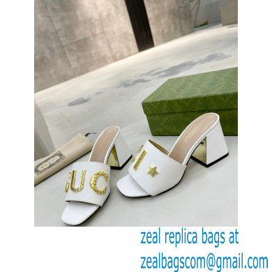 Gucci Heel 7.5cm logo with star leather slides Sandals White 2022