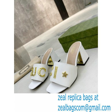 Gucci Heel 7.5cm logo with star leather slides Sandals White 2022 - Click Image to Close
