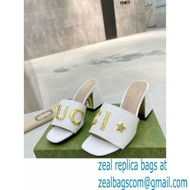 Gucci Heel 7.5cm logo with star leather slides Sandals White 2022 - Click Image to Close