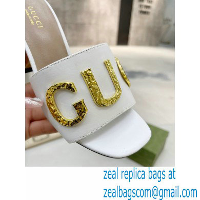 Gucci Heel 7.5cm logo with star leather slides Sandals White 2022 - Click Image to Close