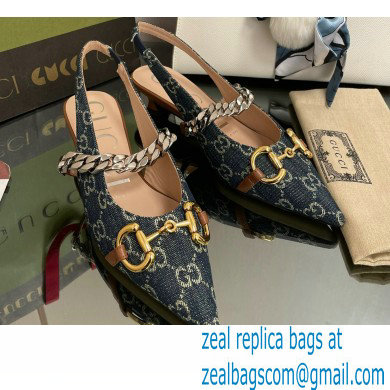 Gucci Slingbacks with Horsebit and chain Denim Blue 2022 - Click Image to Close