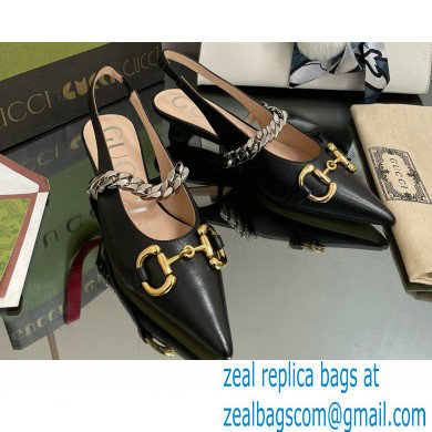 Gucci leather Slingbacks with Horsebit and chain Black 2022 - Click Image to Close