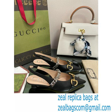 Gucci leather Slingbacks with Horsebit and chain Black 2022 - Click Image to Close