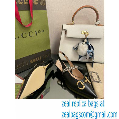 Gucci leather Slingbacks with Horsebit and chain Black 2022 - Click Image to Close