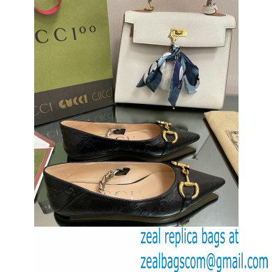 Gucci leather ballet flats with Horsebit and chain 621161 GG Embossed Black 2022 - Click Image to Close