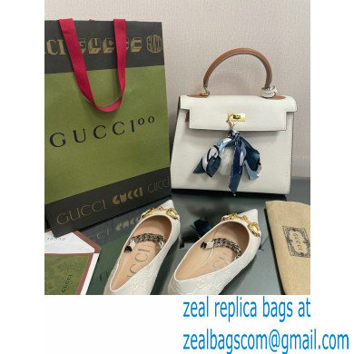 Gucci leather ballet flats with Horsebit and chain 621161 GG Embossed White 2022 - Click Image to Close