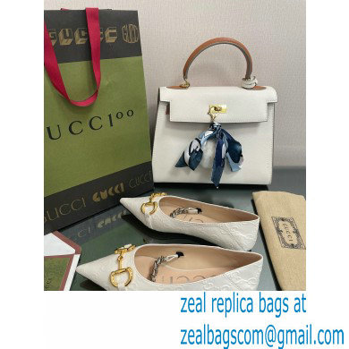 Gucci leather ballet flats with Horsebit and chain 621161 GG Embossed White 2022 - Click Image to Close