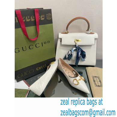 Gucci leather ballet flats with Horsebit and chain 621161 GG Embossed White 2022 - Click Image to Close