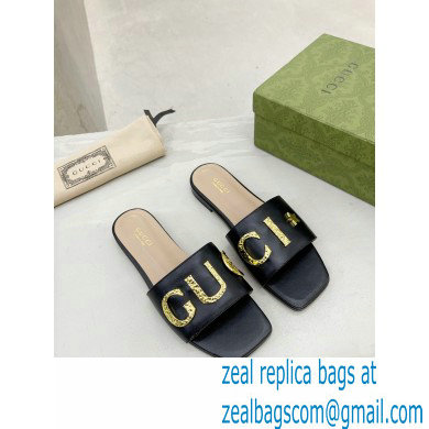 Gucci logo with star leather slides 694858 Black 2022 - Click Image to Close