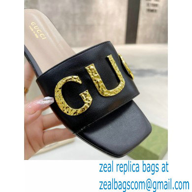 Gucci logo with star leather slides 694858 Black 2022 - Click Image to Close