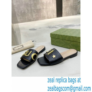 Gucci logo with star leather slides 694858 Black 2022 - Click Image to Close