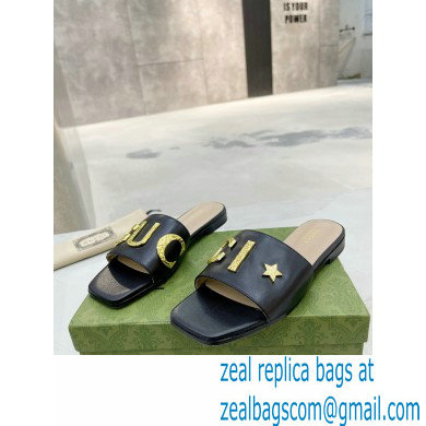 Gucci logo with star leather slides 694858 Black 2022 - Click Image to Close