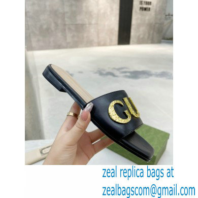 Gucci logo with star leather slides 694858 Black 2022 - Click Image to Close