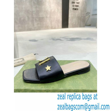 Gucci logo with star leather slides 694858 Black 2022 - Click Image to Close