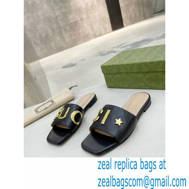 Gucci logo with star leather slides 694858 Black 2022 - Click Image to Close