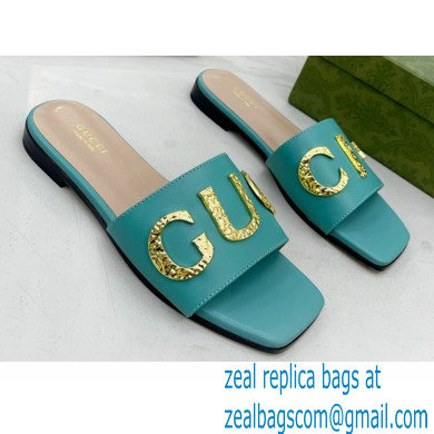 Gucci logo with star leather slides 694858 Blue 2022