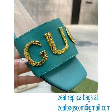 Gucci logo with star leather slides 694858 Blue 2022 - Click Image to Close