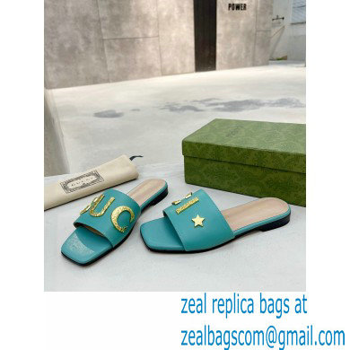 Gucci logo with star leather slides 694858 Blue 2022