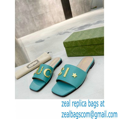 Gucci logo with star leather slides 694858 Blue 2022 - Click Image to Close