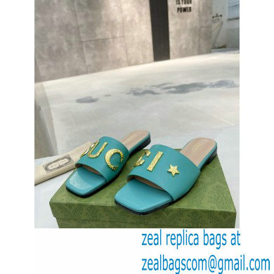 Gucci logo with star leather slides 694858 Blue 2022 - Click Image to Close